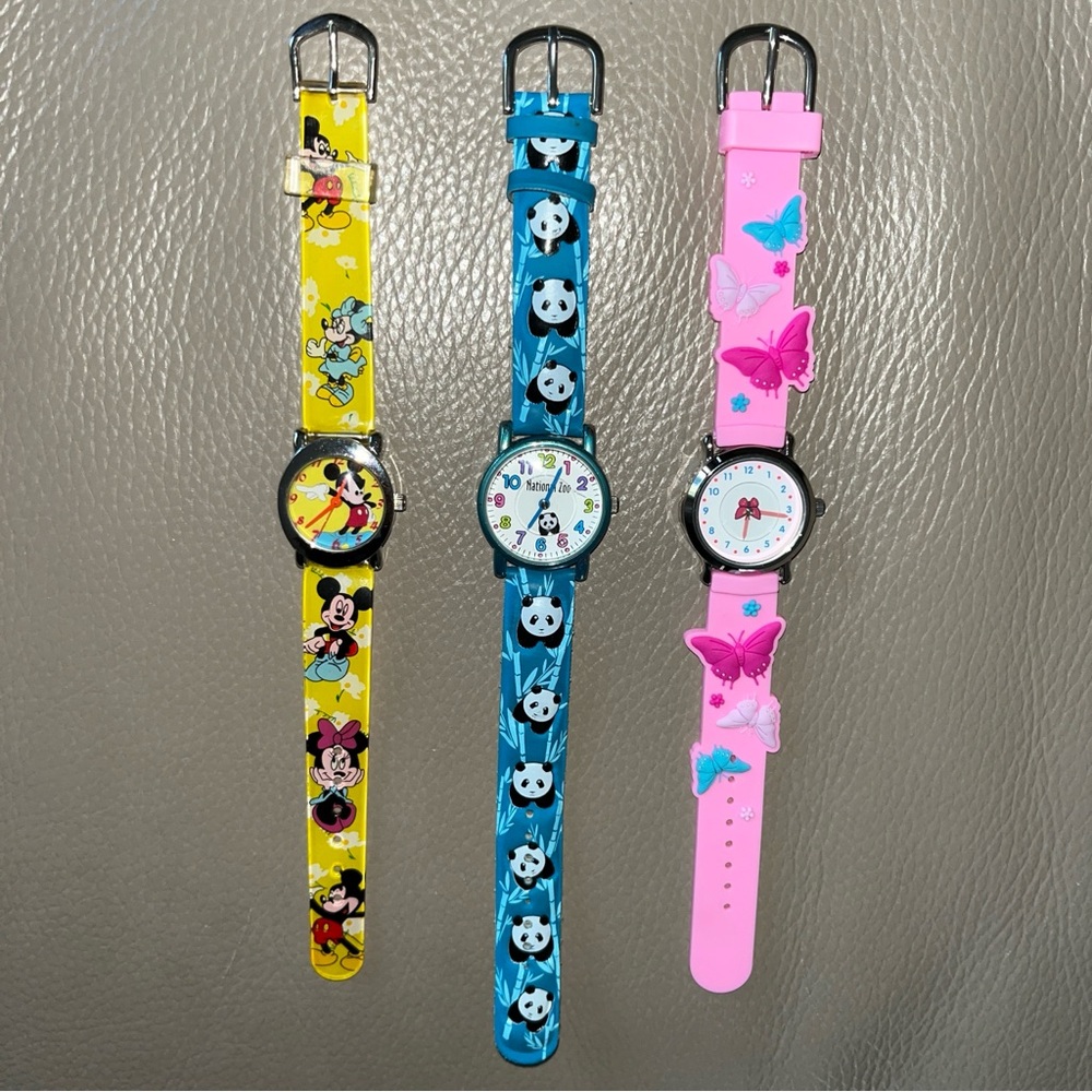 3 KIDS WATCHES Micky Mouse/yellow, Panda/blue, Butterfly/pink *needs battery